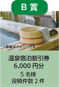 B賞（投稿件数2件）　温泉宿泊割引券（米沢八湯の宿で使用できます）6,000円分　５名様